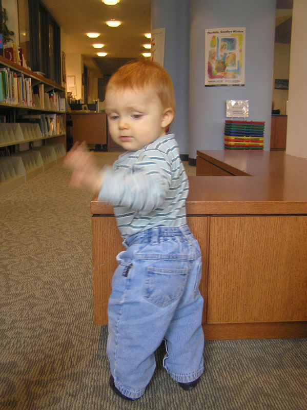 jasonandbecky > Also at the library.  As you can see, he's loving standing up whenever he can.